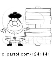 Black And White Chubby Colonial Man By Wooden Signs