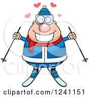 Clipart Of A Chubby Male Skier With Hearts Royalty Free Vector Illustration