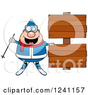 Poster, Art Print Of Chubby Male Skier With Wooden Signs