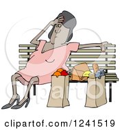 Tired Black Woman Resting On A Bench By Grocery Bags