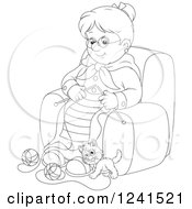 Poster, Art Print Of Black And White Happy Granny Knitting While A Kitten Plays With Yarn