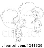 Clipart Of Black And White Thinking School Children 2 Royalty Free Vector Illustration