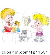 Clipart Of A Boy And Girl Playing With Kittens And Yarn Royalty Free Vector Illustration