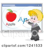 Poster, Art Print Of Blond School Boy Spelling Apple On A White Board