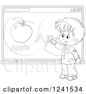 Clipart Of A Black And White School Boy Spelling Apple On A White Board Royalty Free Vector Illustration