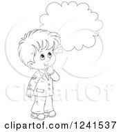Clipart Of A Black And White Thinking School Boy 2 Royalty Free Vector Illustration