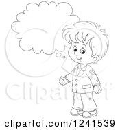 Clipart Of A Black And White Thinking School Boy Royalty Free Vector Illustration