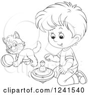 Poster, Art Print Of Black And White Boy Playing With A Spinner And Kitten