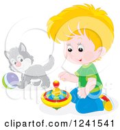 Clipart Of A Blond Caucasian Boy Playing With A Spinner And Kitten Royalty Free Vector Illustration