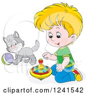Poster, Art Print Of Blond Caucasian Boy Playing With A Spinner And Kitten