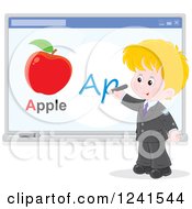 Clipart Of A Blond Caucasian School Boy Spelling Apple On A White Board Royalty Free Vector Illustration