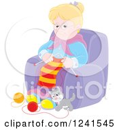 Poster, Art Print Of Happy Blond Caucasian Granny Knitting While A Kitten Plays With Yarn
