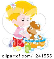 Poster, Art Print Of Blond Caucasian Girl Washing A Puppy In A Tub