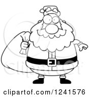 Clipart Of A Black And White Jolly Santa Carrying A Christmas Sack Royalty Free Vector Illustration