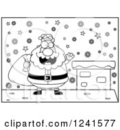 Clipart Of A Black And White Jolly Santa Waving And Carrying A Sack On A Snowy Roof Top Royalty Free Vector Illustration