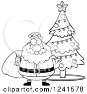 Clipart Of A Black And White Jolly Santa With A Christmas Sack By A Tree Royalty Free Vector Illustration