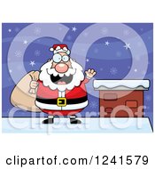 Poster, Art Print Of Jolly Santa Waving And Carrying A Sack On A Snowy Roof Top