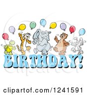 Poster, Art Print Of Happy Dancing Tortoise Tiger Elephant Bear And Rabbit With Party Balloons Over Birthday