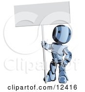 Blue Metal Robot Holding A Blank Sign Clipart Illustration