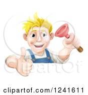 Poster, Art Print Of Happy Male Plumber Holding A Thumb Up And Plunger Over A Sign