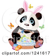 Poster, Art Print Of Cute Panda Wearing Bunny Ears And Sitting With A Basket Of Easter Eggs And Butterflies