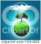 Poster, Art Print Of 3d Grassy Green Planet With A Tree And Sunshine Cloud And Rainbow