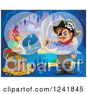 Poster, Art Print Of Pirate Captain With A Sword Parrot And Treasure In A Cave