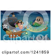Poster, Art Print Of Pirate Captain And Ship Near A Skull Island