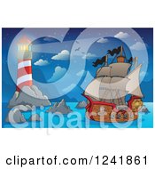 Poster, Art Print Of Pirate Ship Near A Lighthouse
