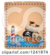 Clipart Of A Background Of A Lighthouse And Pirate Shi Royalty Free Vector Illustration