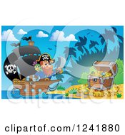 Poster, Art Print Of Parrot And Pirate Captain Nearing A Treasure Beach