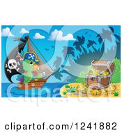 Poster, Art Print Of Parrot Pirate And Ship Nearing A Treasure Island