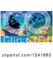Poster, Art Print Of Pirate Ship And Treasure Chest At An Island