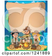Poster, Art Print Of Boy And Girl Scouts Singing Around A Camp Fire With Scroll Text Space