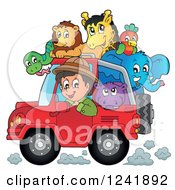 Happy Safari Man Driving A Jeep Full Of Animals