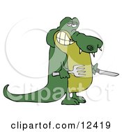 Hungry Green Alligator Holding A Knife And Fork Clipart Illustration