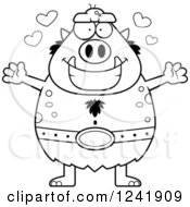 Clipart Of A Black And White Chubby Troll With Open Arms And Hearts Royalty Free Vector Illustration