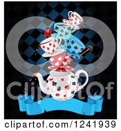 Stacked Dripping Tea Cups And A Pot Over A Ribbon Banner And Checkers