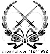 Clipart Of Black And White Crossed Swords In A Laurel Wreath Royalty Free Vector Illustration