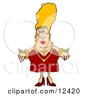 Glamorous Busty Blond Woman With High Hair Wearing A Red Dress And Decked Out In Gold Jewelry