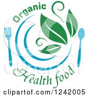 Poster, Art Print Of Blue Plate And Silverware With Green Leaves And Organic Health Food Text