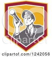 Poster, Art Print Of Retro Male Police Officer Or Security Guard Shining A Flashlight In A Shield
