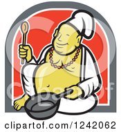 Happy Chef Buddha Holding A Wooden Spoon And Pan In A Circle