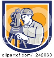 Poster, Art Print Of Retro Male Surveyor Using A Theodolite In A Blue And Yellow Shield
