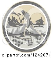 Clipart Of A Retro Woodcut Farmer With A Scythe In A Field Circle Royalty Free Vector Illustration