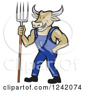 Cartoon Bull Cow Farmer With A Pitchfork And Overalls