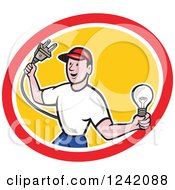Happy Cartoon Male Electrician Holding A Plug And Lightbulb In A Circle