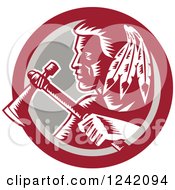 Poster, Art Print Of Retro Woodcut Native American Indian Brave Warrior With A Tomahawk In A Circle