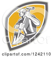 Retro Male Construction Worker With A Shovel In A Shield