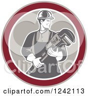 Clipart Of A Retro Woodcut Male Plumber Holding A Monkey Wrench In A Circle Royalty Free Vector Illustration